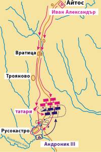 Карта на сраженията при Русокастро, останали в историята  като последната победоносна битка на българската войска над Византия